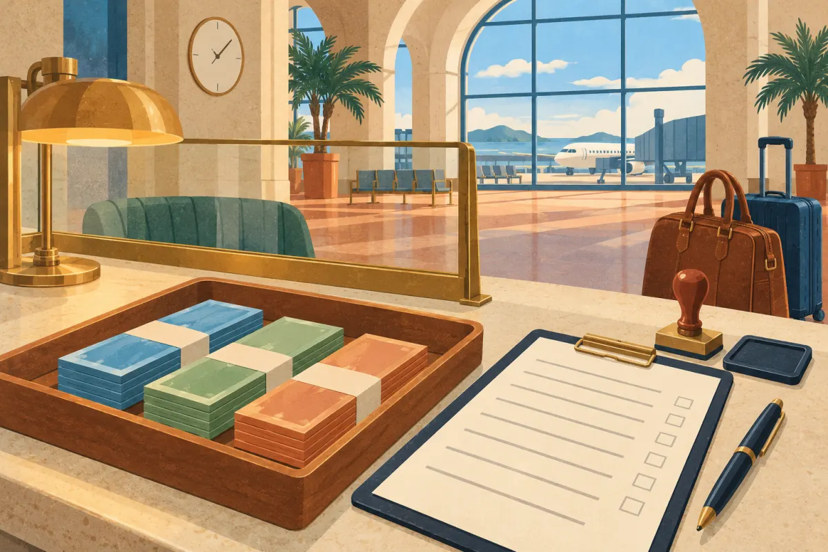Illustration: ein Tisch in einer Ankunftshalle mit einer Ablage voller Banknotenbündel, einem leeren Anmeldeformular auf einem Klemmbrett, einem Stift und einem Stempel sowie einer Tasche und einem Koffer daneben