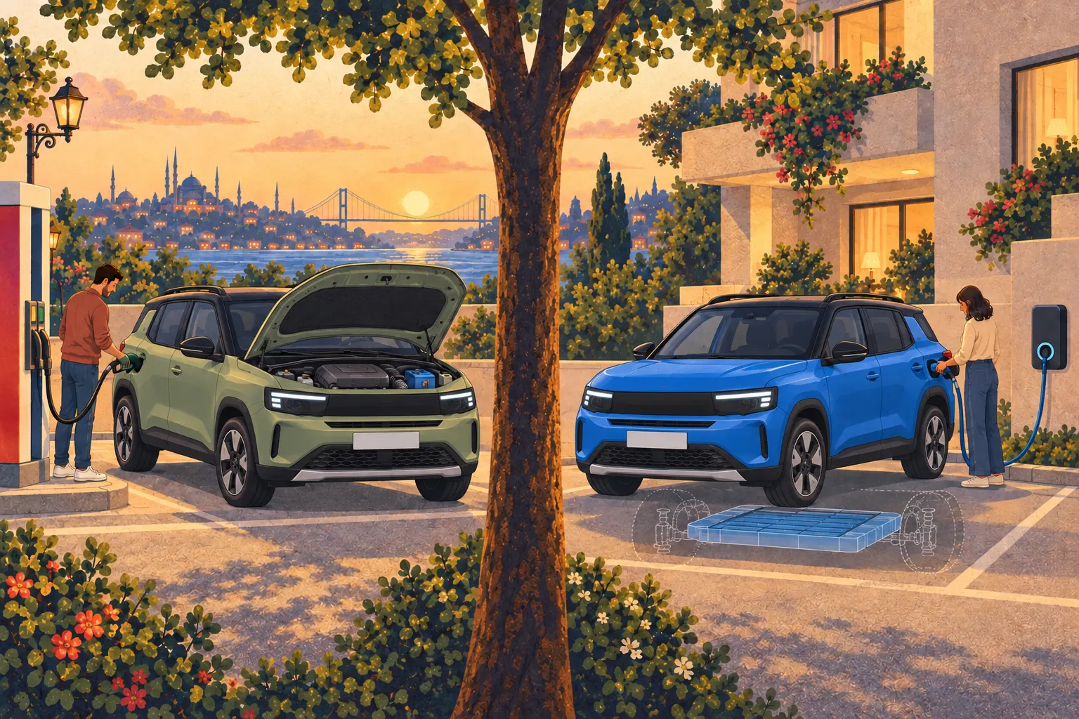 Иллюстрация: Frontera Hybrid на заправке рядом с Frontera Electric, подключенной к зарядной станции во дворе