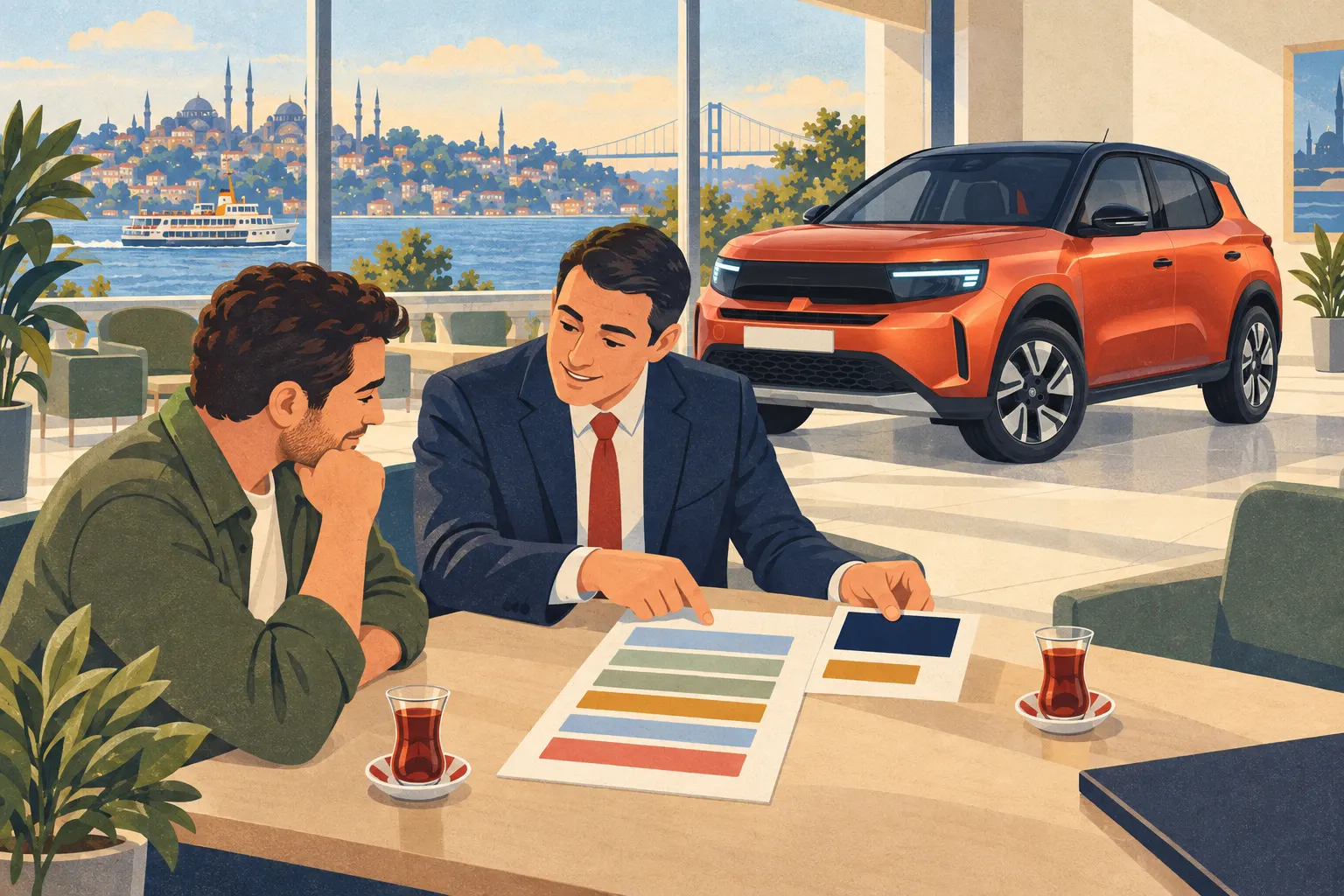 Иллюстрация: покупатель Opel и дилер за турецким чаем изучают предложение с разбивкой по расходам; позади них — Frontera