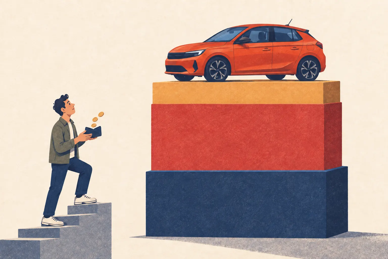 Иллюстрация: Opel Corsa над тремя цветными слоями, обозначающими стоимость автомобиля, ÖTV и KDV
