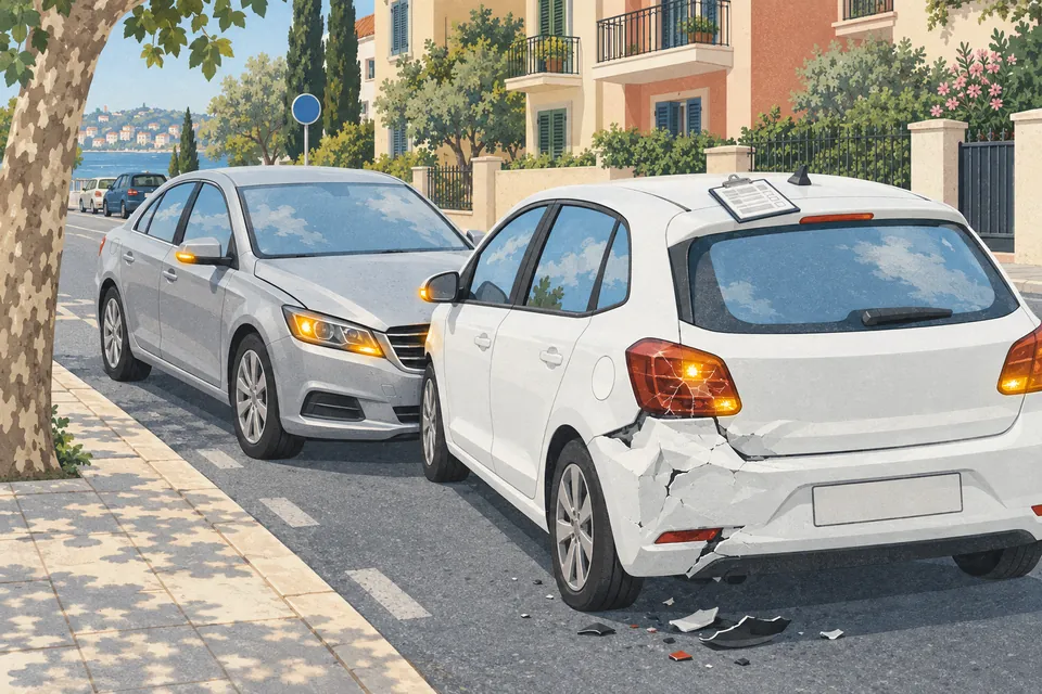 Δύο αυτοκίνητα σταματημένα δίπλα σε κράσπεδο πόλης μετά από μικρό ατύχημα, το λευκό με βαθούλωμα στον πίσω προφυλακτήρα και τα δύο με αναμμένα αλάρμ, χωρίς ανθρώπους στο πλάνο