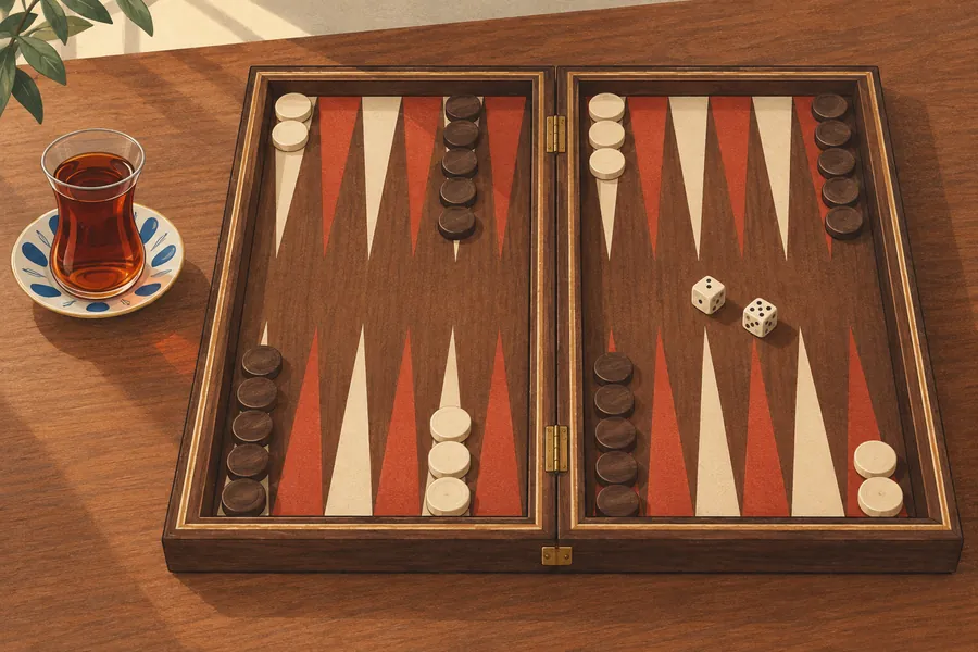 Una tavola di backgammon in legno aperta, con triangoli rossi e crema, pile di pedine crema e scure e due dadi, accanto a un bicchiere di tè a forma di tulipano su un piattino