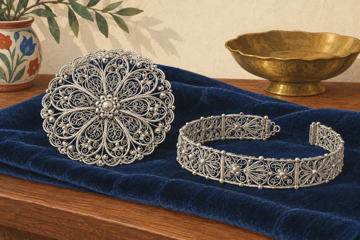 Una spilla rotonda e un bracciale stretto, entrambi realizzati in sottile filo d’argento ritorto a volute traforate simili a merletti e piccole perle di filo, su velluto blu scuro, su uno scaffale di legno accanto a un piatto d’ottone