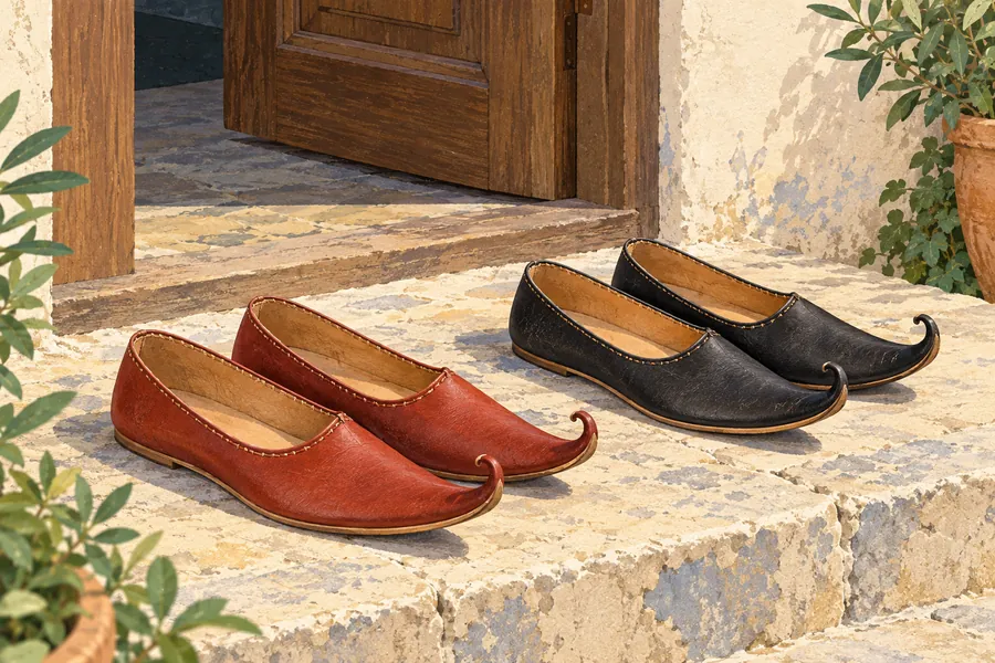 Due paia di scarpe basse in pelle senza tacco, con punte rivolte all’insù e bordi cuciti a mano, un paio rosso mattone e uno nero, su una soglia di pietra accanto a una porta aperta
