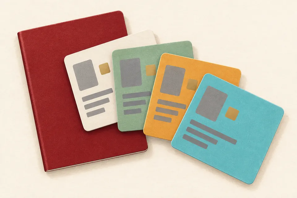 Illustration: four blank cards in white, green, orange and turquoise fanned out in front of a closed red passport