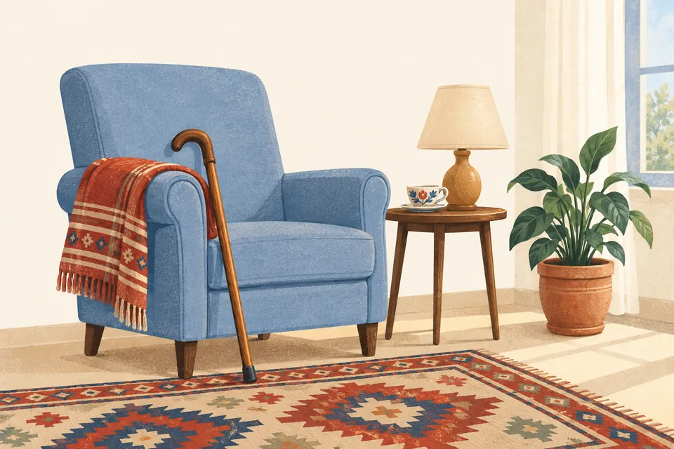 Illustration: a quiet corner of a living room with a blue armchair, a folded blanket, a wooden walking stick, a side table with a teacup and a lamp, a potted plant and a patterned rug