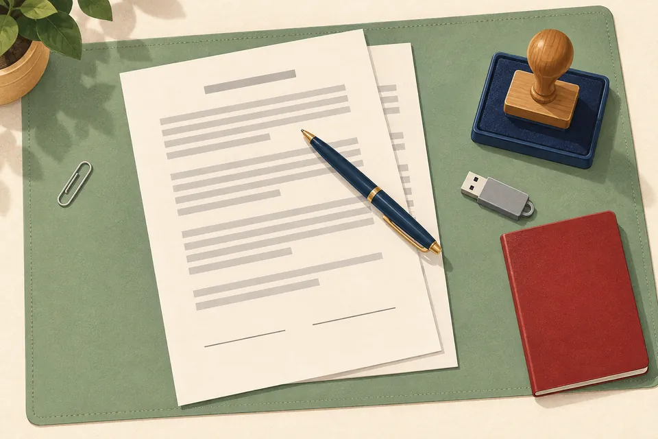 Illustration: two sheets of paper with blank lines and two empty signature lines on a green desk pad, a pen, a rubber stamp on its ink pad, a small USB key and a red notebook