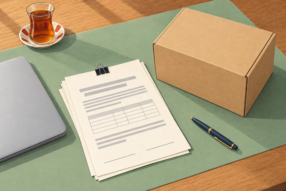 Illustratie: een stapel papieren met een zwarte klem, grijze balken en een lege handtekeningregel, een eenvoudige bruine kartonnen doos, een pen, een gesloten laptop en een glas thee op een groene bureaumat