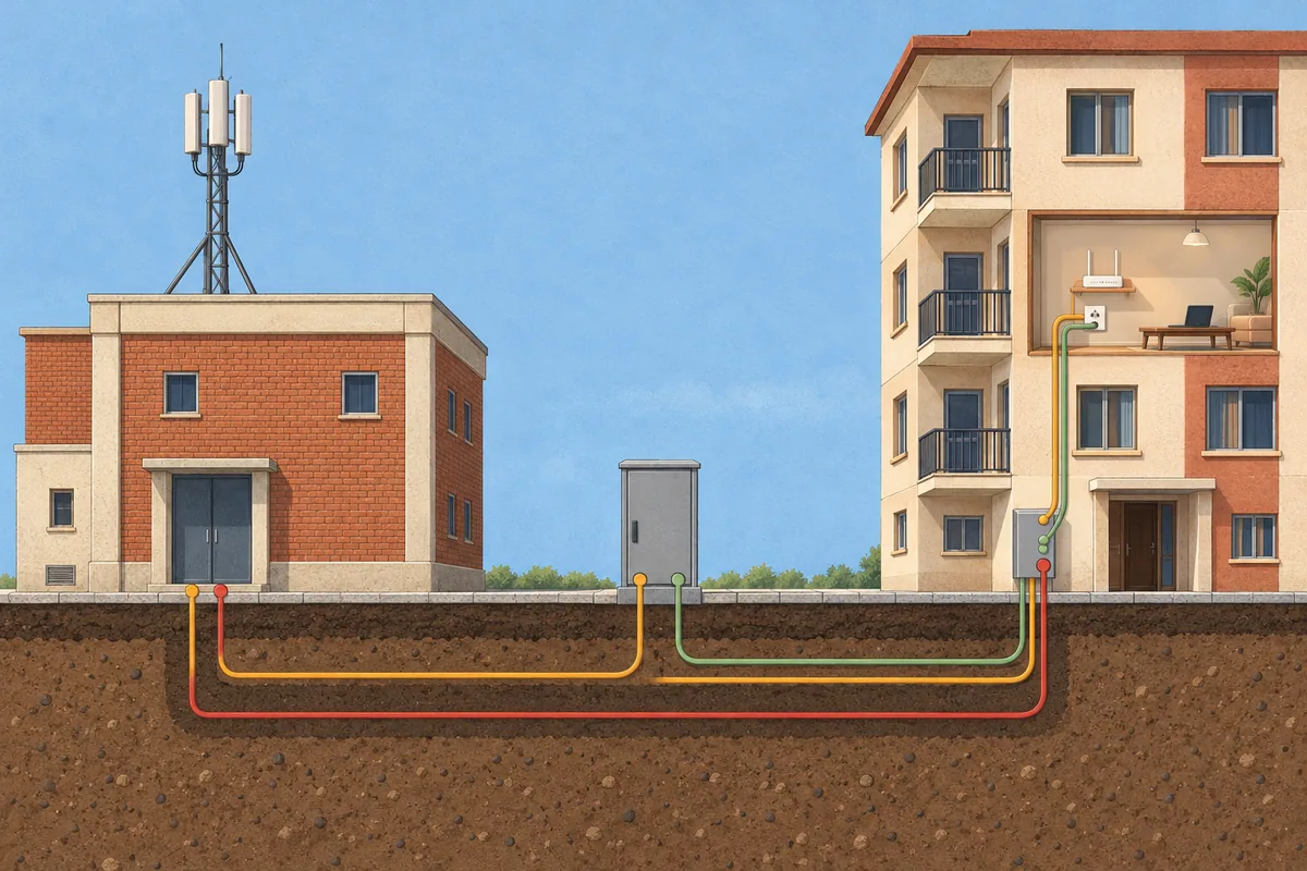 Illustratie: een bakstenen telefooncentrale met een mast op het dak, een grijze straatkast en een opengewerkt flatgebouw met een modem in een woning, met drie gekleurde ondergrondse kabels ertussen
