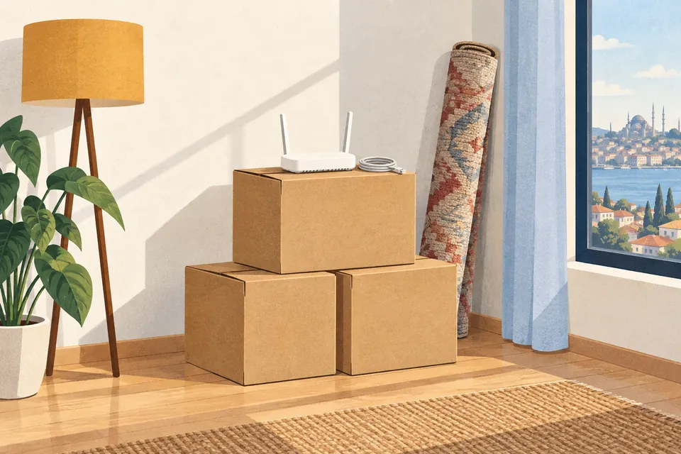 Illustratie: drie kartonnen dozen in een kamer met daarop een witte modem met twee antennes en een opgerolde kabel, een opgerold tapijt, een lamp, een plant en een raam met uitzicht op een stad