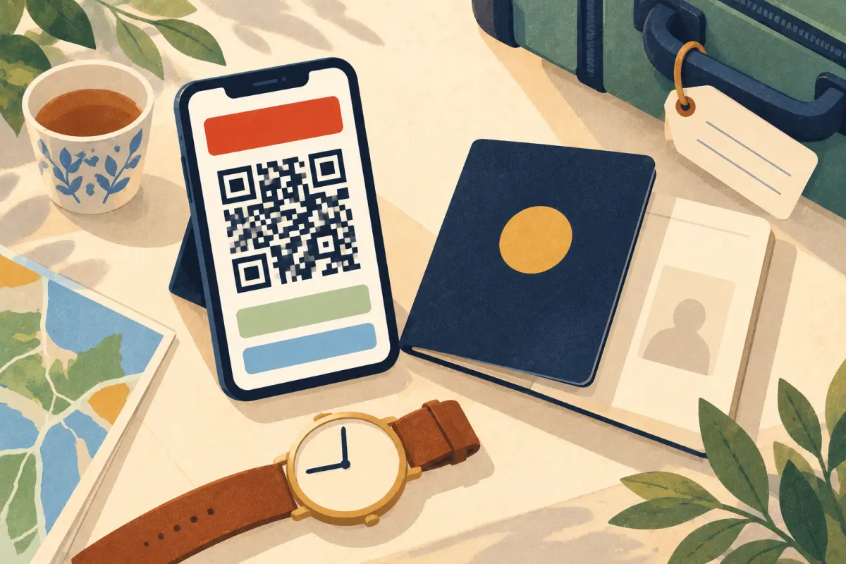 رسم توضيحي: هاتف يعرض تذكرة على الجوال بنمط QR، وجواز سفر وبطاقة أمتعة وكوب شاي ورقي على طاولة