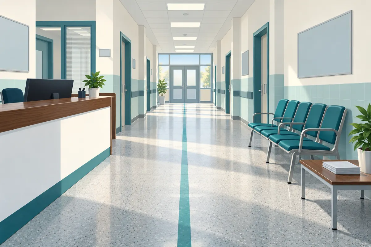 Illustration: a hospital corridor with mint-coloured tiles, a reception desk with a dark counter and a waiting room with chairs in rows