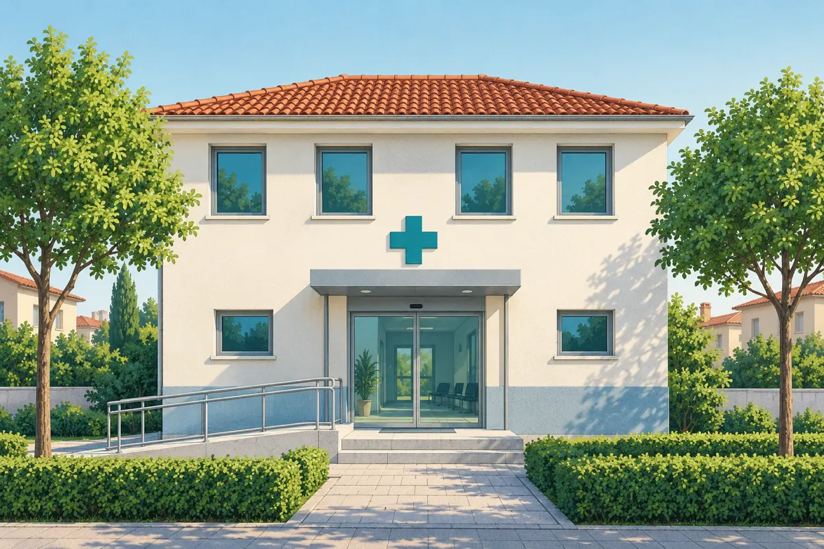 Illustration: a small, low two-storey building with a glass entrance, a wheelchair ramp and a cross above the door, between two trees
