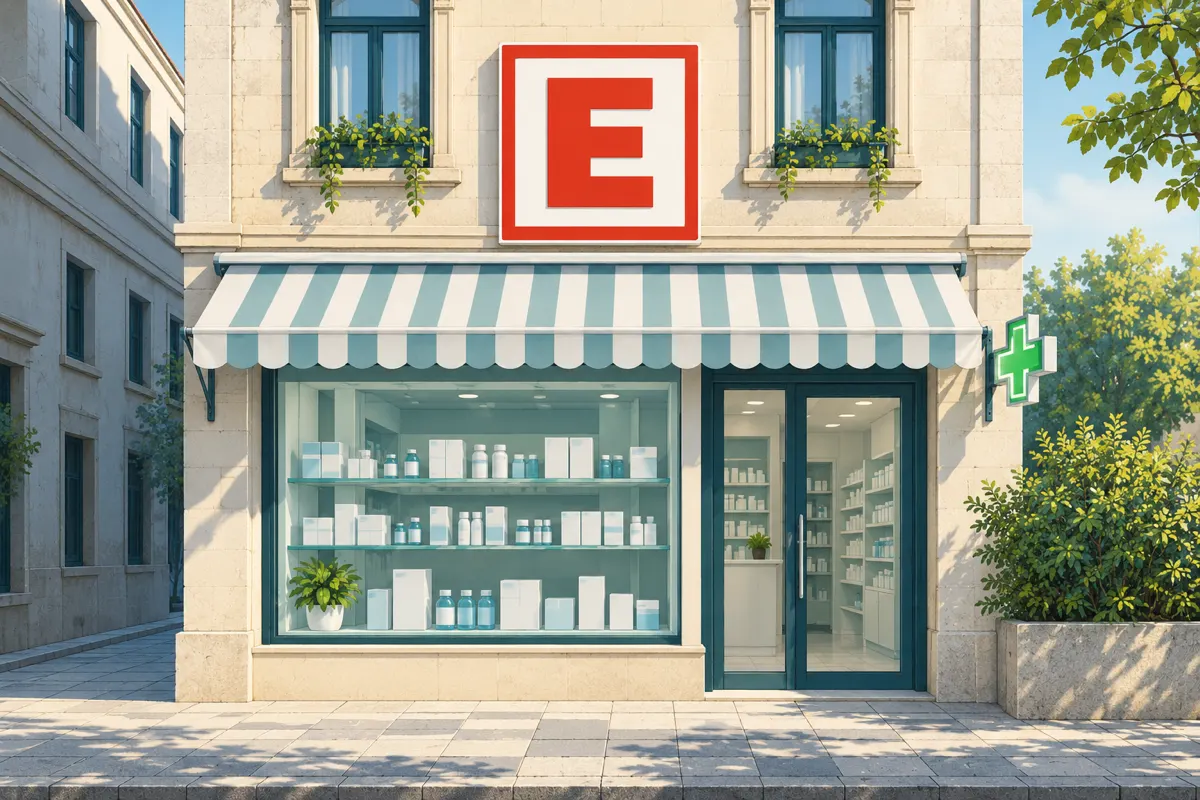 Illustration: the front of a Turkish pharmacy with a large red E-shaped sign above the window and door, and a green cross on the window