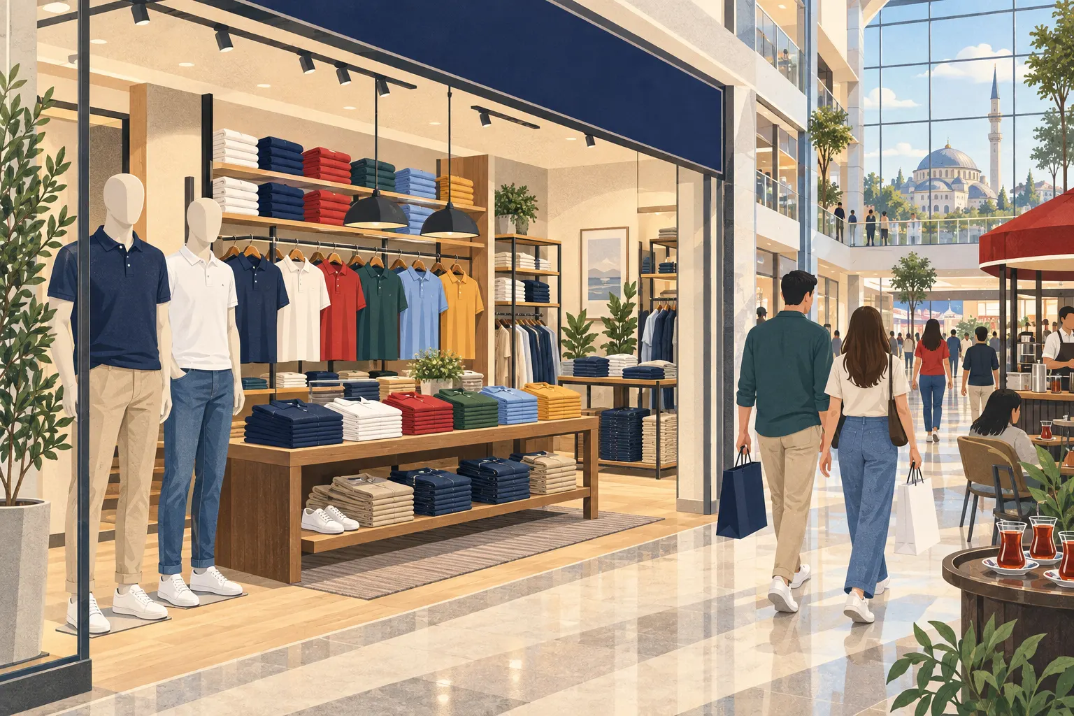 Illustration&nbsp;: la devanture ouverte d&rsquo;un magasin de polos dans un centre commercial turc, avec des piles de polos bleu marine, blancs, rouges et verts pli&eacute;s sur une table, deux mannequins, des clients portant des sacs en papier et des verres de th&eacute; &agrave; un caf&eacute; &agrave; l&rsquo;ext&eacute;rieur