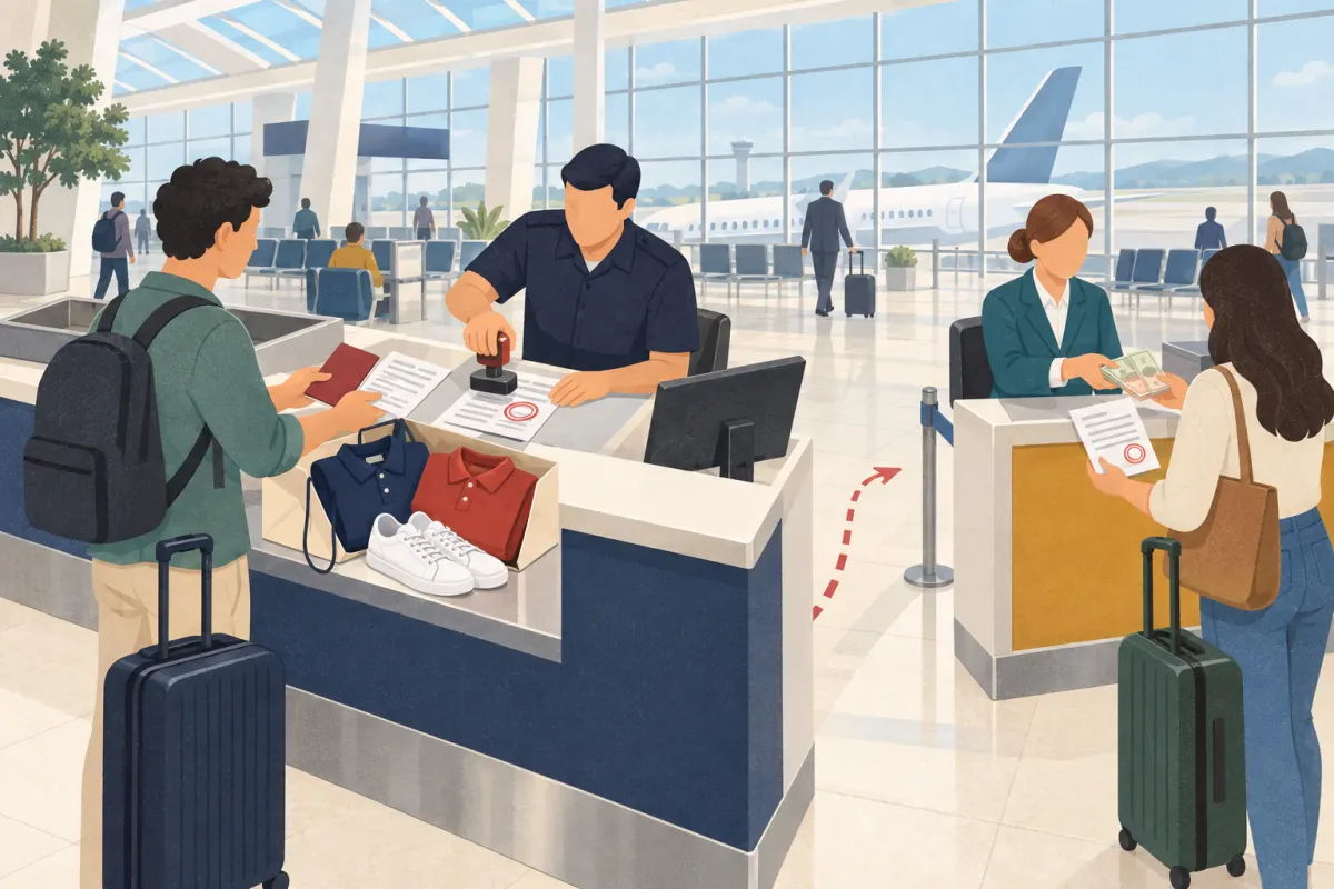 Illustration&nbsp;: au guichet de la douane d&rsquo;un a&eacute;roport, un agent tamponne le formulaire d&rsquo;un voyageur &agrave; c&ocirc;t&eacute; d&rsquo;un sac contenant deux polos et des baskets blanches, tandis qu&rsquo;au guichet voisin un voyageur muni d&rsquo;un formulaire tamponn&eacute; re&ccedil;oit un remboursement en esp&egrave;ces