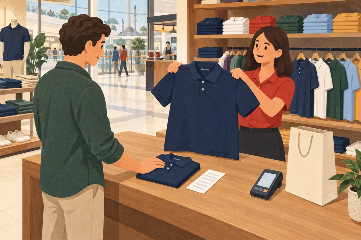 Illustration&nbsp;: au comptoir d&rsquo;un magasin, un client rapporte un polo bleu marine pli&eacute; et son ticket de caisse, tandis que le vendeur pr&eacute;sente le m&ecirc;me polo dans une taille sup&eacute;rieure