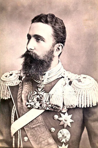 Foto: Alexander von Battenberg im Profil, ein junger Mann mit dichtem dunklem Vollbart in einer Uniformjacke mit Fransenepauletten, Sch&auml;rpe und Orden