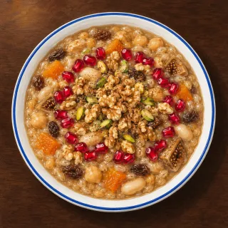 Ilustraci&oacute;n: un cuenco de aşure con trigo, garbanzos, fruta desecada, nueces y granos de granada