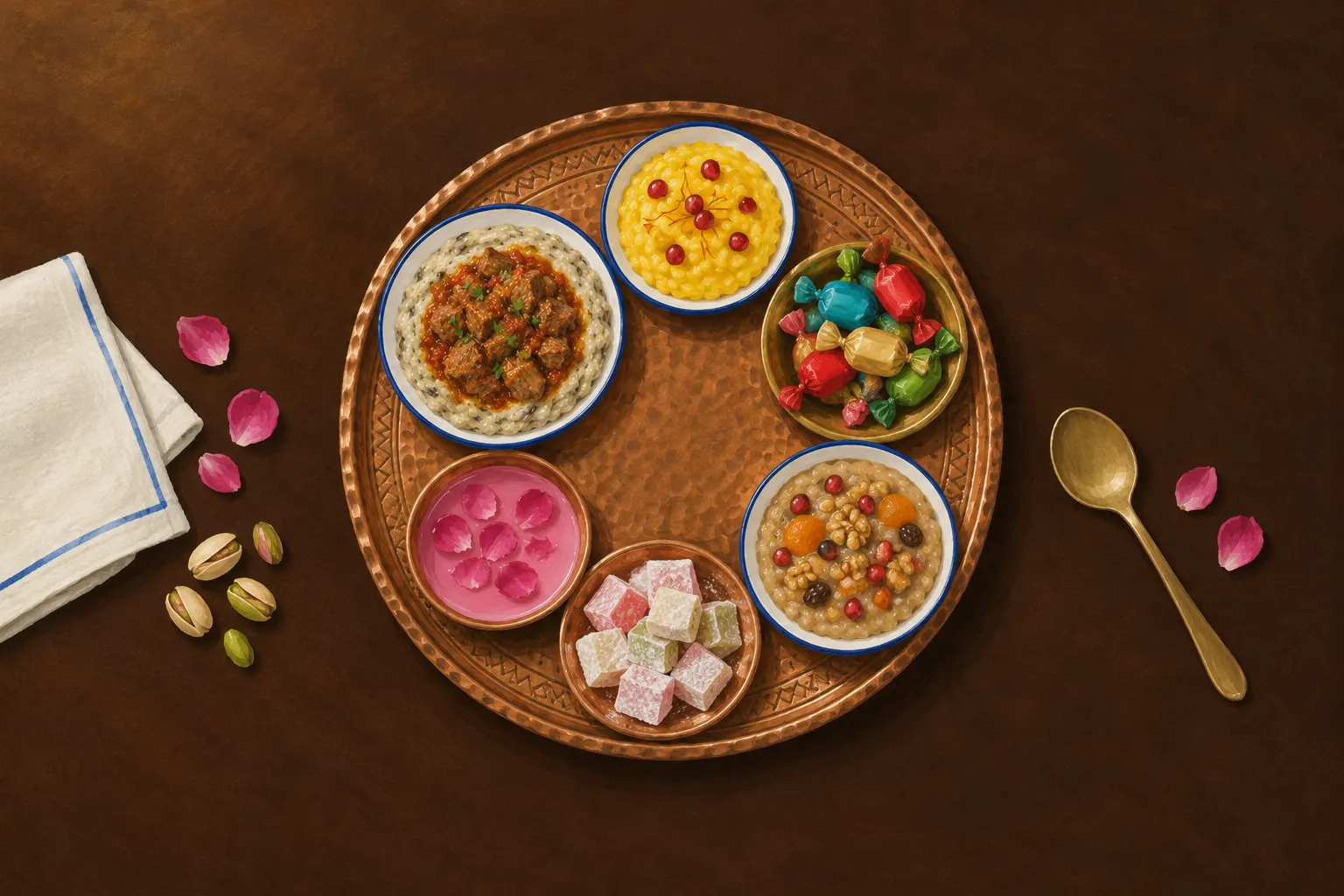 Ilustración: una bandeja redonda de cobre con seis platos y dulces otomanos sobre una mesa de madera oscura