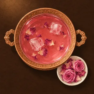 Ilustraci&oacute;n: un peque&ntilde;o cuenco de cobre con una bebida de color rosa y p&eacute;talos de rosa