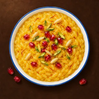 Ilustraci&oacute;n: un cuenco de pudin de arroz de color dorado azafr&aacute;n con granos de granada