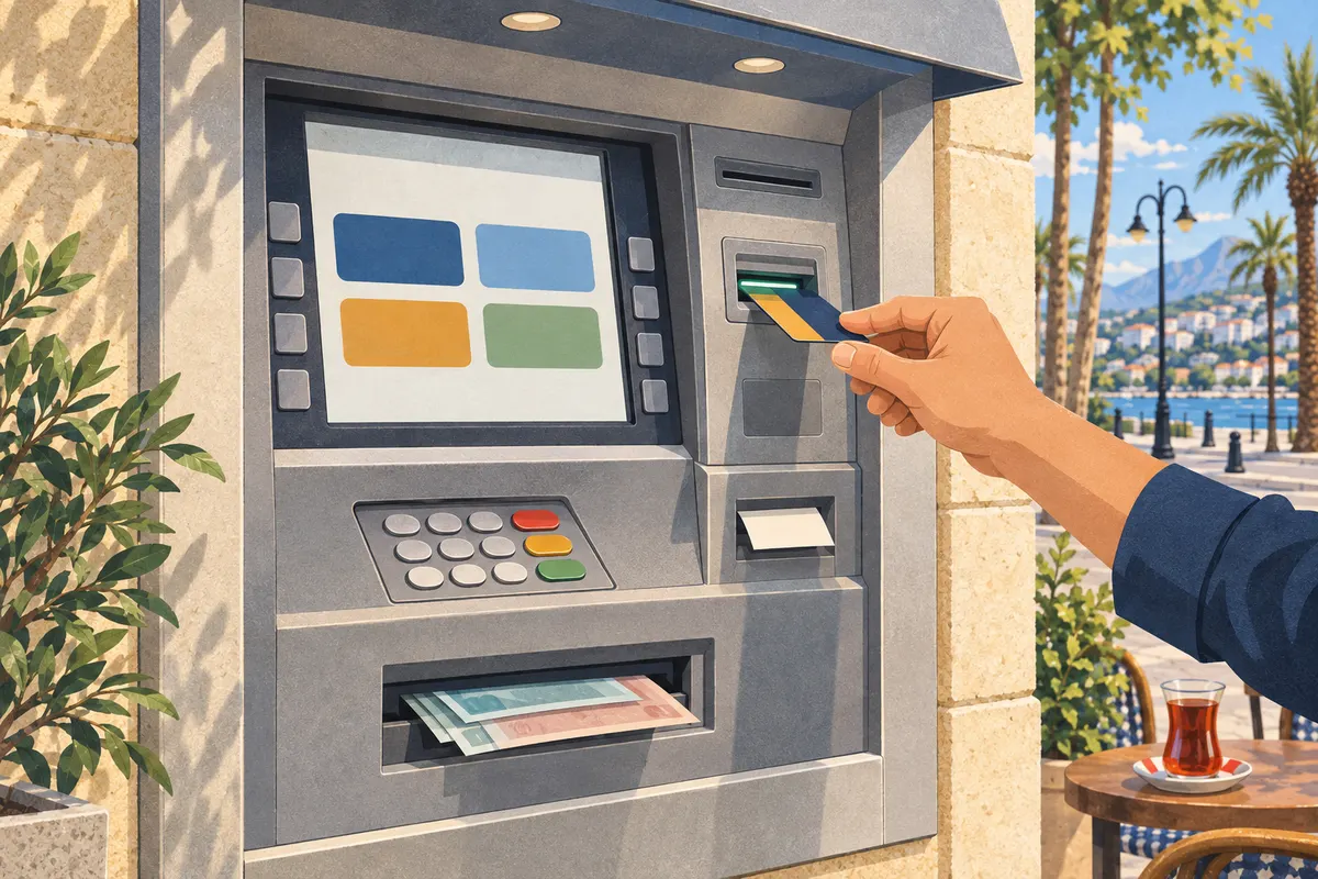 رسم توضيحي: يد تُدخل بطاقة في صراف آلي داخل جدار حجري، وتخرج أوراق نقدية من فتحة السحب؛ وعلى اليمين شارع صيفي وكوب شاي على طاولة مقهى