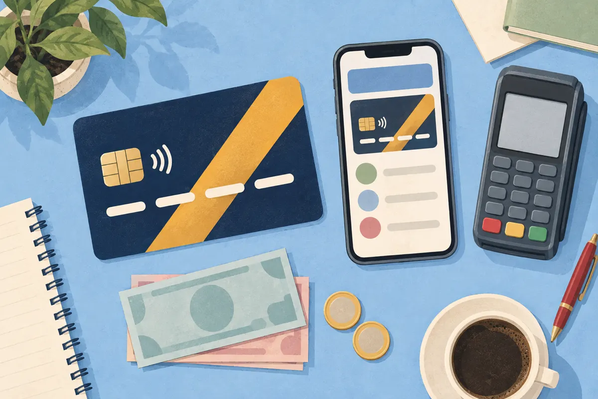 رسم توضيحي: بطاقة خصم زرقاء داكنة بشريحة ورمز الدفع دون تلامس، وهاتف ذكي تعرض شاشته بطاقة افتراضية، وجهاز دفع، وأوراق وعملات نقدية وفنجان قهوة على الطاولة