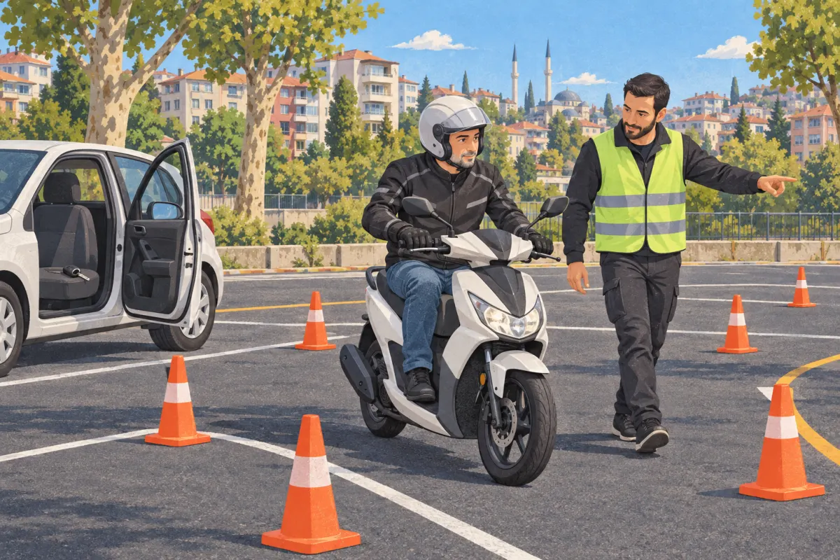 İllüstrasyon: kask, eldiven ve mont giyen bir adam, eğitim alanında küçük bir 125cc motosikletle turuncu konilerin arasından yavaşça geçiyor; eğitmen yanında yürüyor, aile arabası alanın kenarında kapısı açık hâlde park edilmiş