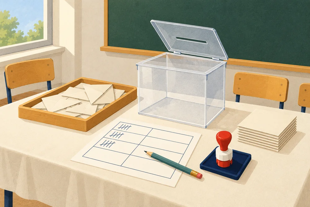 Eine Zeichnung eines Tisches in einem Klassenzimmer mit einer offenen durchsichtigen Wahlurne, einer Ablage mit Wahlumschlägen, einem Stapel Stimmzettel, einem linierten Blatt mit Gruppen von Bleistiftstrichen, einem Bleistift und einem Stempel mit rotem Griff; dahinter eine grüne Schultafel und Holzstühle
