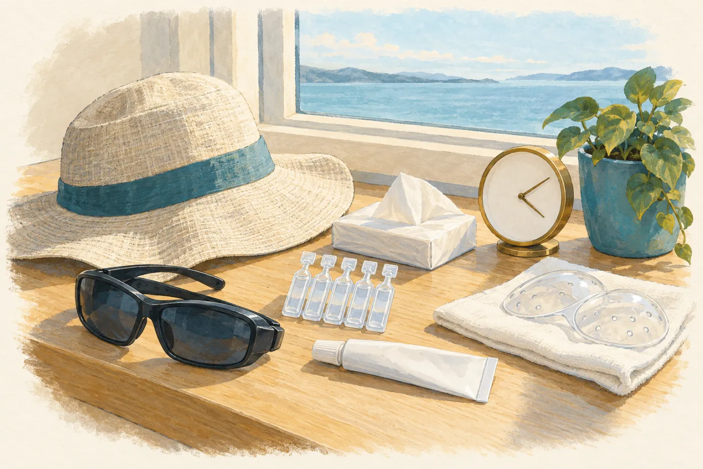 Illustration eines Stilllebens am Fenster: eine Sonnenbrille, ein Sonnenhut, ein Streifen mit Einzeldosis-Augentropfen, eine Gel-Tube, Taschentücher, eine Tischuhr, durchsichtige Schutzschalen für die Augen und eine Zimmerpflanze