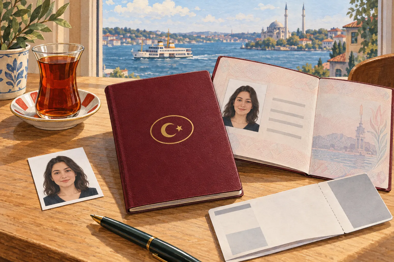 Illustration: burgundy Turkish passports on a wooden table, one open on its photo page, beside a glass of tea and a blank boarding pass, with a ferry and a mosque across the Bosphorus