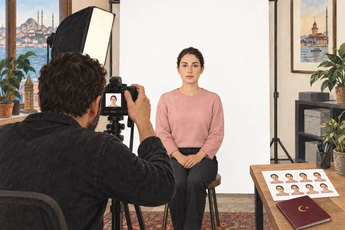 Illustration: a photographer behind a camera on a tripod takes a passport photo of a woman on a stool against a white backdrop, with a softbox light and a printed photo sheet on the desk