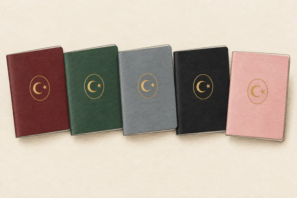 Illustration: five passport booklets in a row, burgundy, green, grey, black and pink, each with a gold crescent and star in an oval