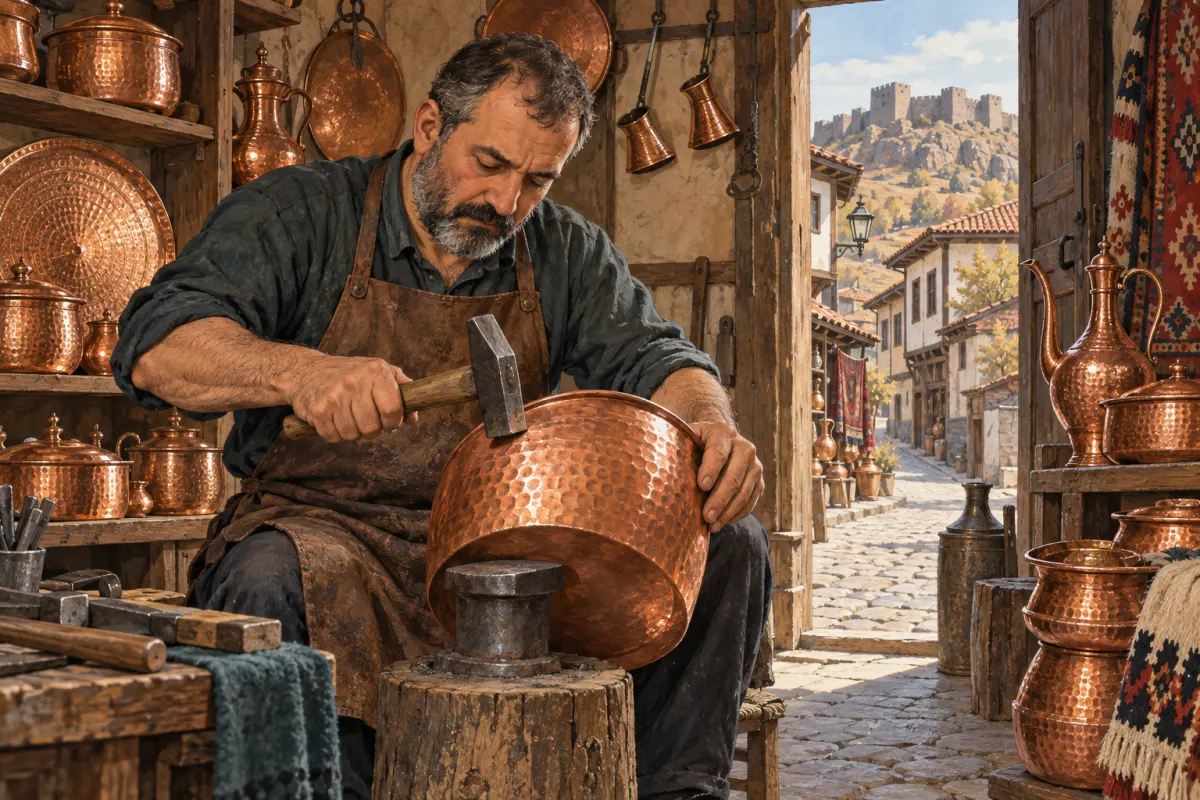 Ilustración: un artesano del cobre con delantal de cuero labra a martillo un dibujo en una gran cazuela de cobre dentro de un pequeño taller; en las estanterías de alrededor hay cazuelas, bandejas y cafeteras turcas de cobre