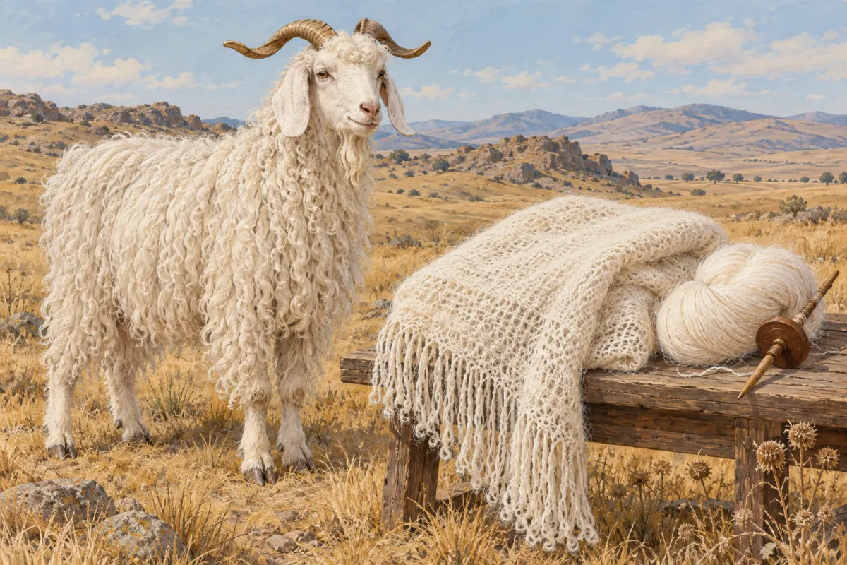 Ilustración: una cabra de Angora blanca, de pelo largo, brillante y rizado, está en la estepa; a su lado, sobre un banco, hay un chal de mohair de color crema doblado, una madeja de hilo y un huso