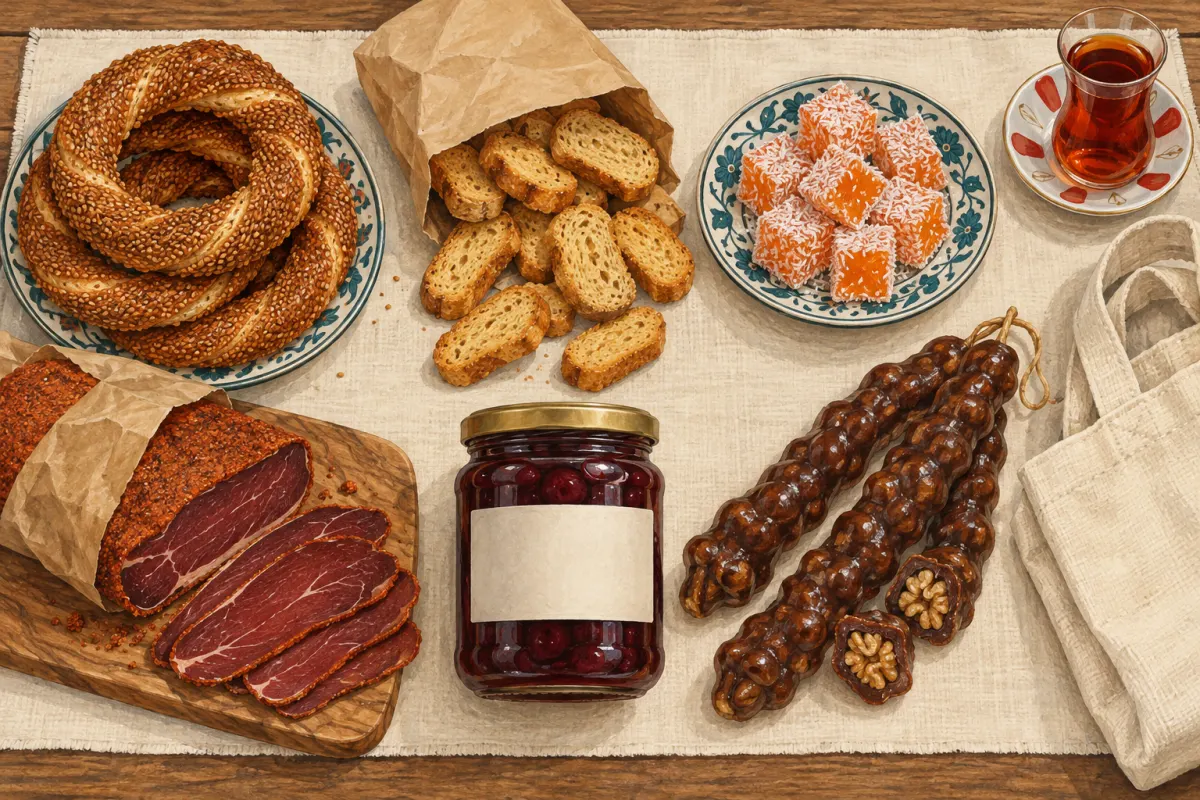 Ilustración: una mesa de madera en el mercado, con simits, una bolsa de papel con biscotes kurusu, lokum de zanahoria recubierto de coco rallado, lonchas de pastırma, un tarro de mermelada de guindas y sucuk de nueces ensartadas en un hilo