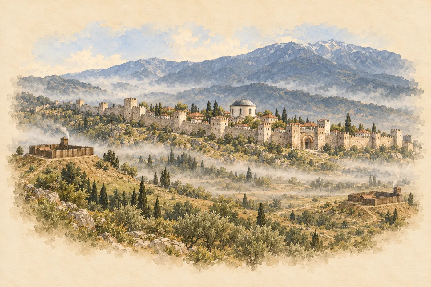 رسم بالألوان المائية لمدينة بورصة المسورة على تل، في ضباب الصباح تحت جبل تكسوه الثلوج، مع كنيسة صغيرة مستديرة ذات قبة داخل الأسوار، وحصن خشبي صغير على كل من تلين في المقدمة