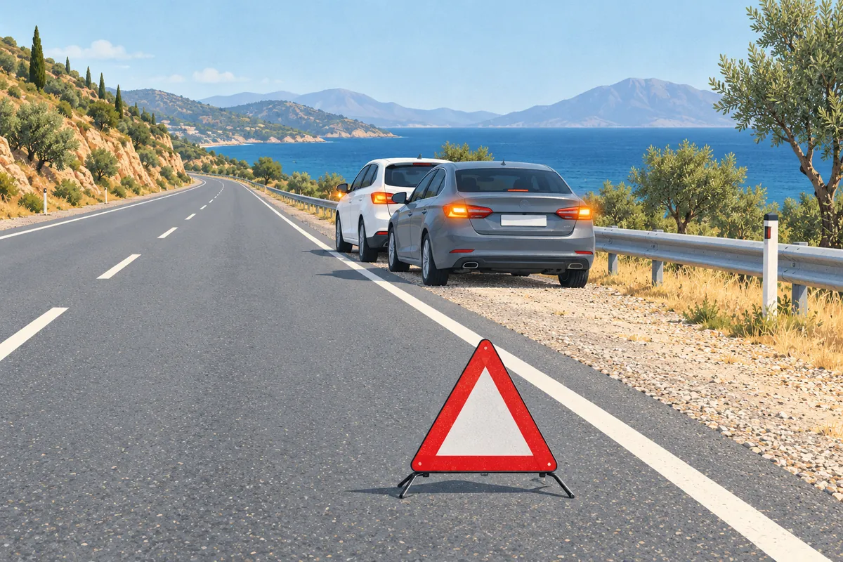 Deux voitures arrêtées sur un accotement de gravier au bord d’une route côtière, un triangle de présignalisation rouge posé sur la chaussée au premier plan