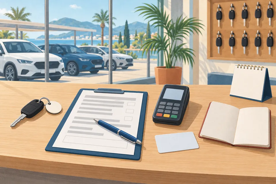 Un comptoir de location avec une clé de voiture munie d’une étiquette, un formulaire sur un porte-documents à pince, un terminal de paiement, une carte au format d’un permis et un livret ouvert au format d’un passeport, sans personne au comptoir