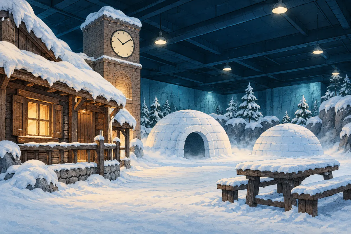 Illustration: an indoor snow village under a low dark ceiling, a wooden chalet with a snowy roof, a brick clock tower, two igloos built of snow blocks and a snow-covered picnic table