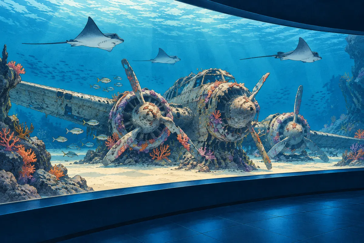 Illustration: a sunken three-engine propeller aircraft on white sand seen through a curved aquarium window from a dark gallery, corals growing on its engines and three rays gliding above