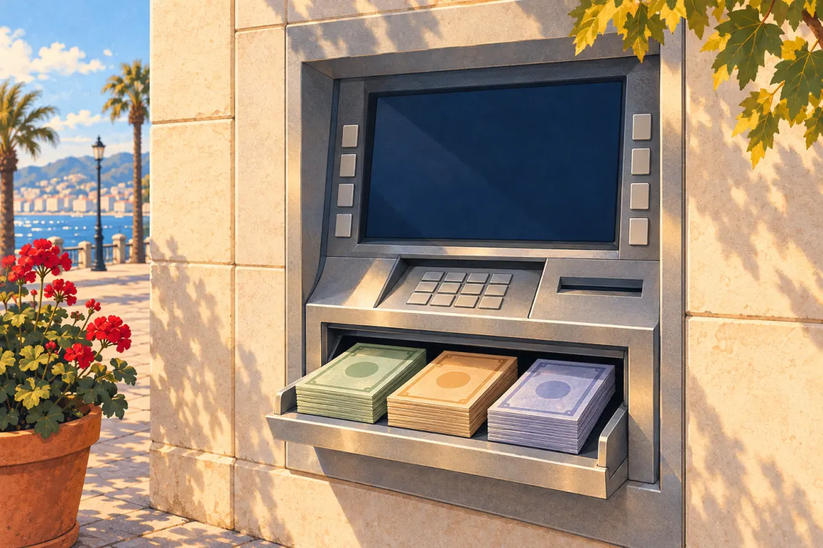 插图：石墙上嵌着一台不锈钢ATM，深色屏幕空白，按键简洁，打开的出钞托盘里放着三叠绿色、赭色和蓝紫色钞票；旁边有一盆红色天竺葵