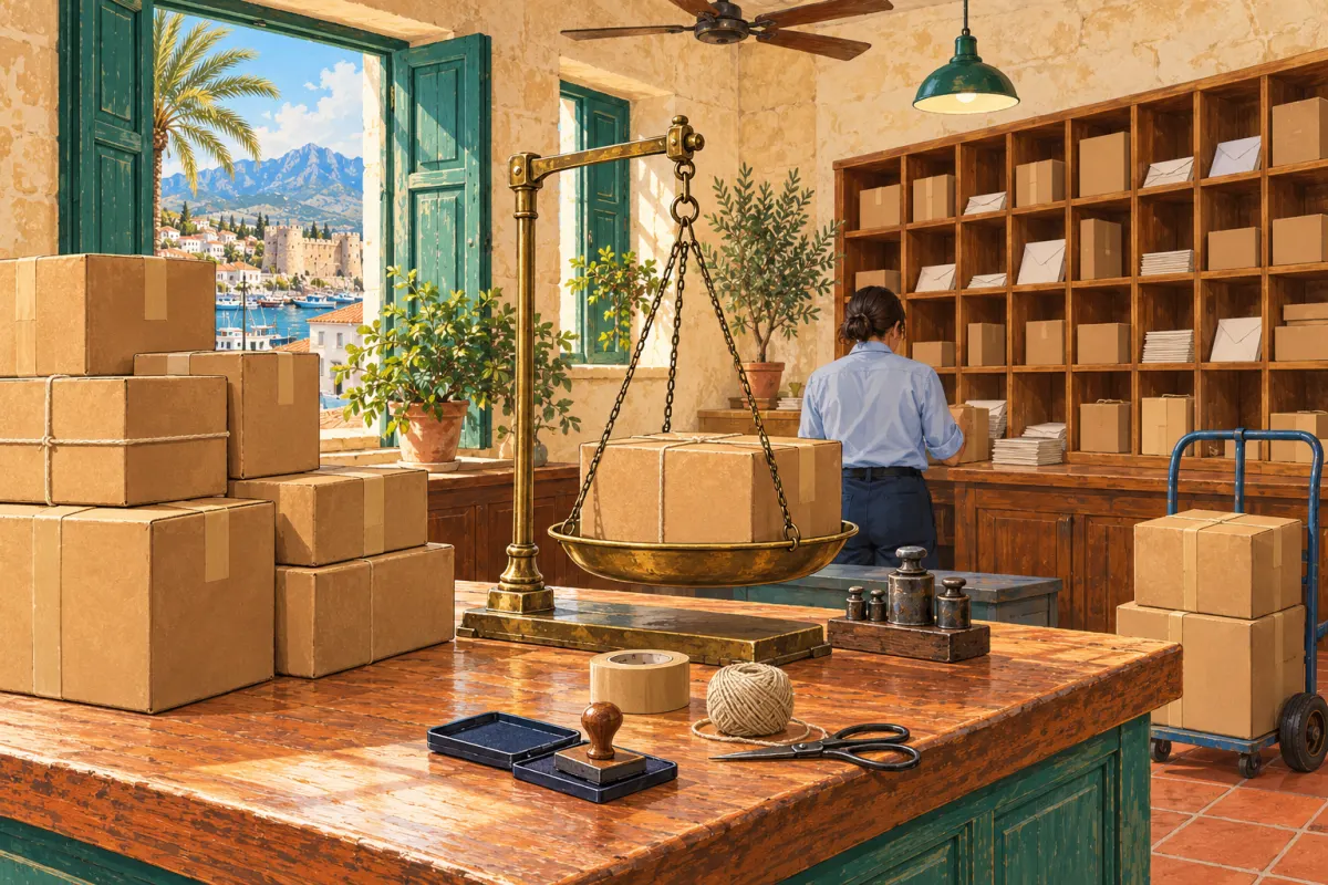 Illustration: a post-office parcel counter with a brass hand scale holding a carton, stacks of brown cartons, a rubber stamp and ink pad, tape and twine, and a wall of pigeonholes holding cartons and envelopes where a clerk works with her back to us