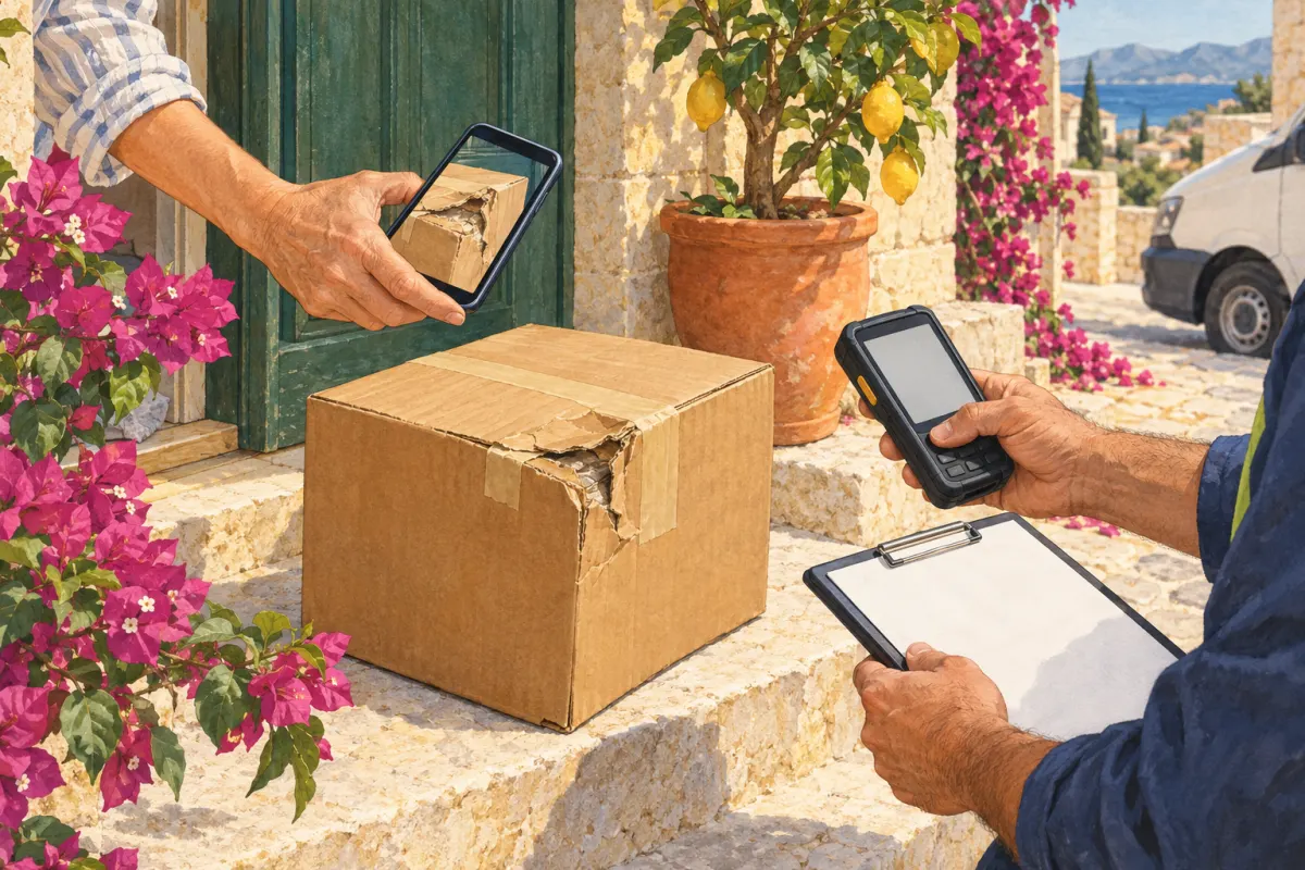 Illustration: on a limestone doorstep a carton with a torn, crushed corner; a resident’s hand holds up a phone that photographs the damage while the courier’s hands hold a handheld scanner and a blank clipboard