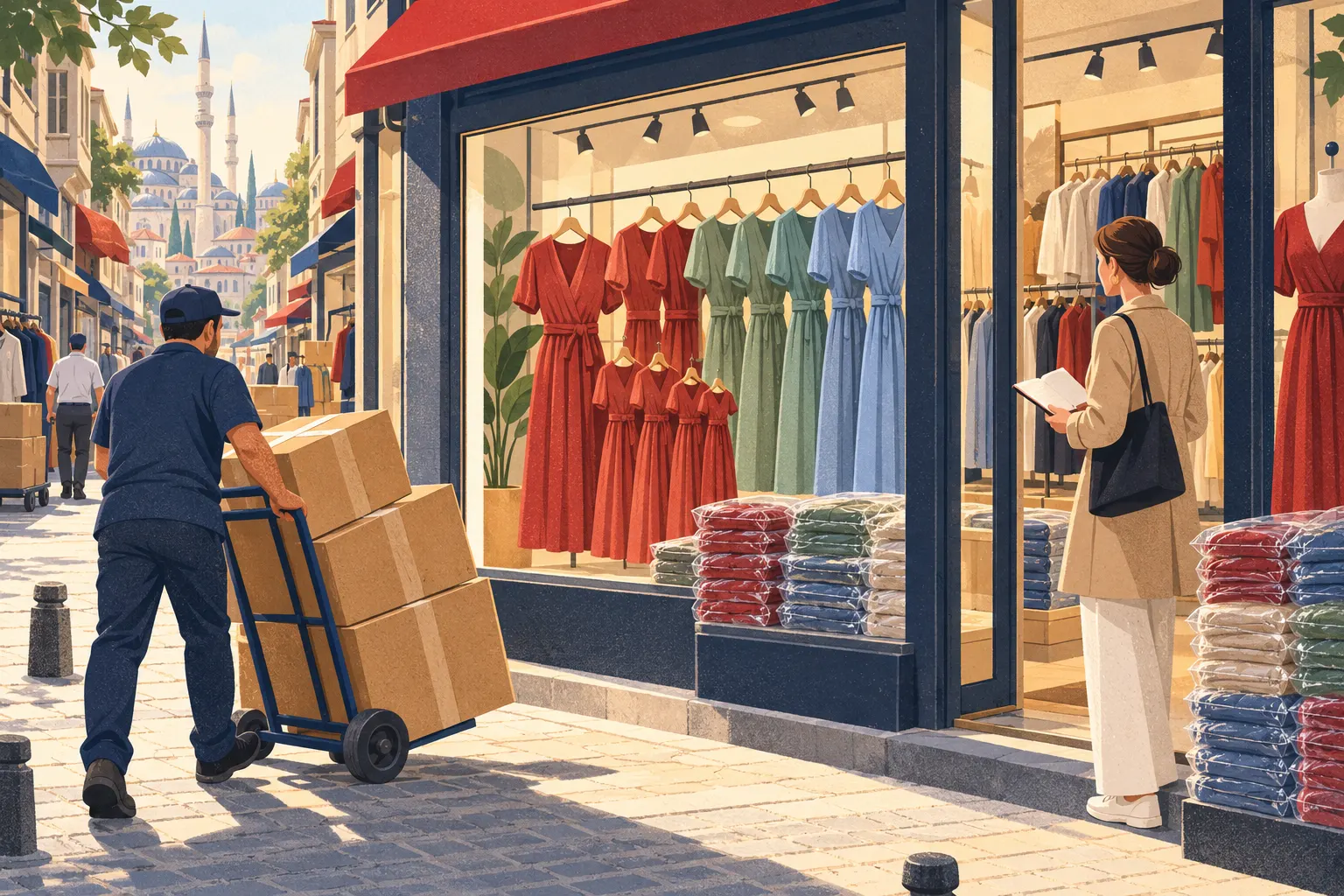 Illustration: ein Bekleidungsshowroom in Istanbul mit mehreren gleichen Kleidern, Paketen in Kunststoffbeuteln und einem Lastenträger, der Kartons an einem Käufer vorbeitransportiert