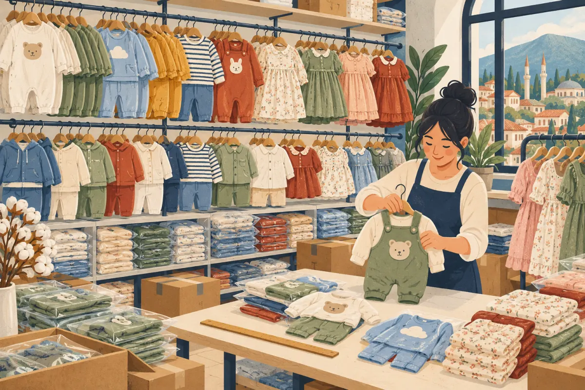 Illustration: ein Großhandelsshowroom in Bursa voller Babystrampler, kleiner Kleider, vollständiger Outfits und verpackter Lagerware