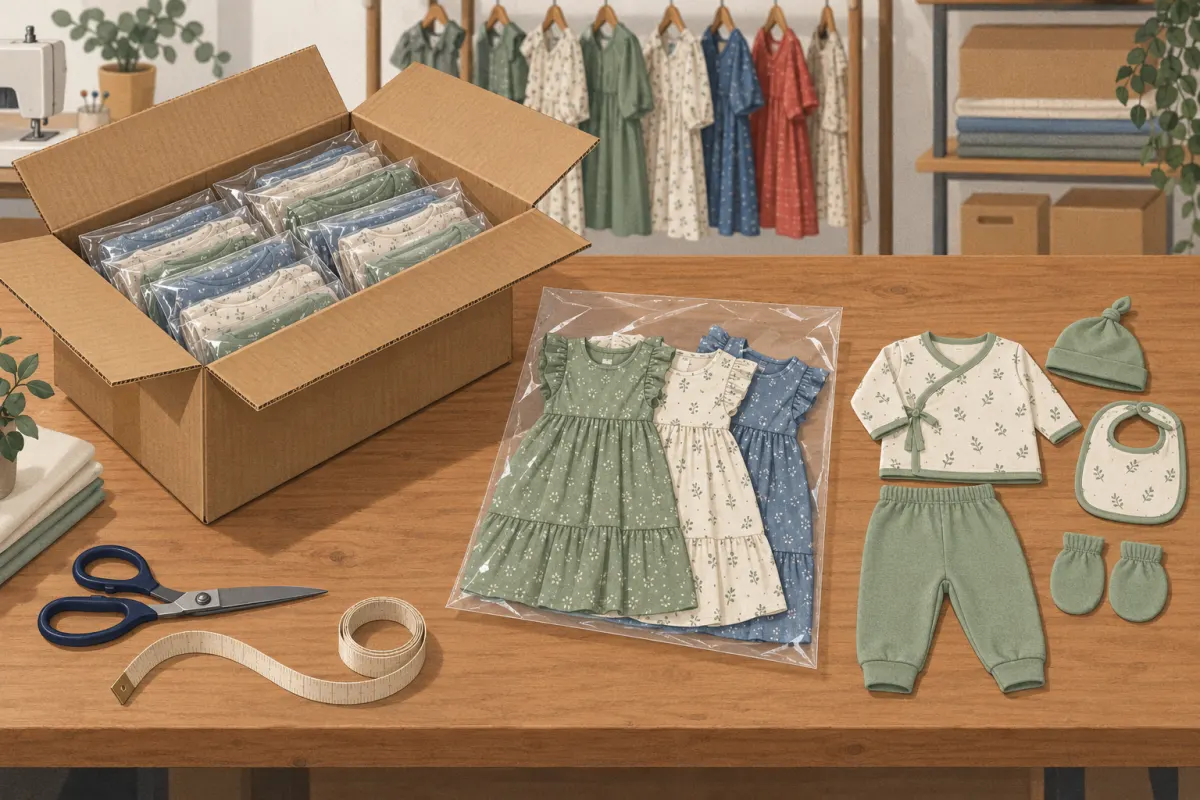 Illustration: ein offener Karton mit Paketen in Kunststoffbeuteln, drei Kleider und ein Babyoutfit auf einem Zuschneidetisch