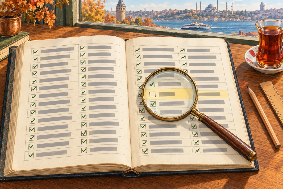 Иллюстрация: открытая учетная книга с разлинованными строками, одна из которых выделена под латунной лупой; рядом лежат карандаш и линейка и стоит стакан чая
