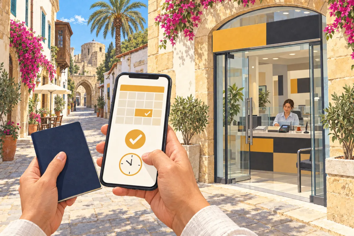 Illustrazione: mani che reggono un passaporto e un telefono con un calendario e una fascia oraria selezionata, davanti a una filiale bancaria su una strada in pietra